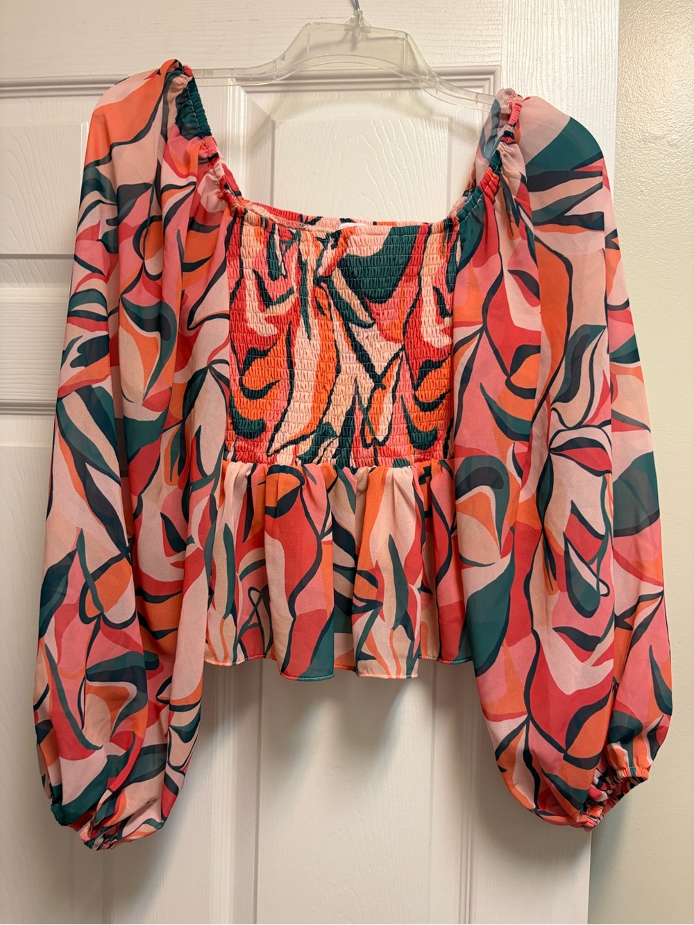 Pink Lily Coral Multi Smocked Peplum Crop Top